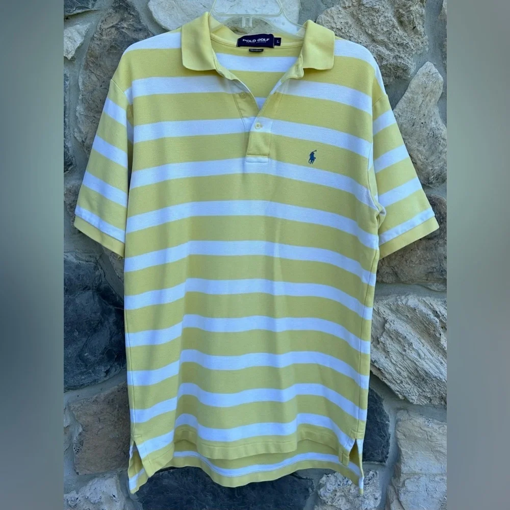 Ralph Lauren Polo Golf Shirt Sz L Yellow White Stripe Preppy Outdoor Performance